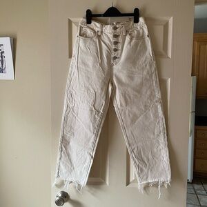 We The Free People Off White High Waist Button Fly Distressed Crop Barrel Jeans